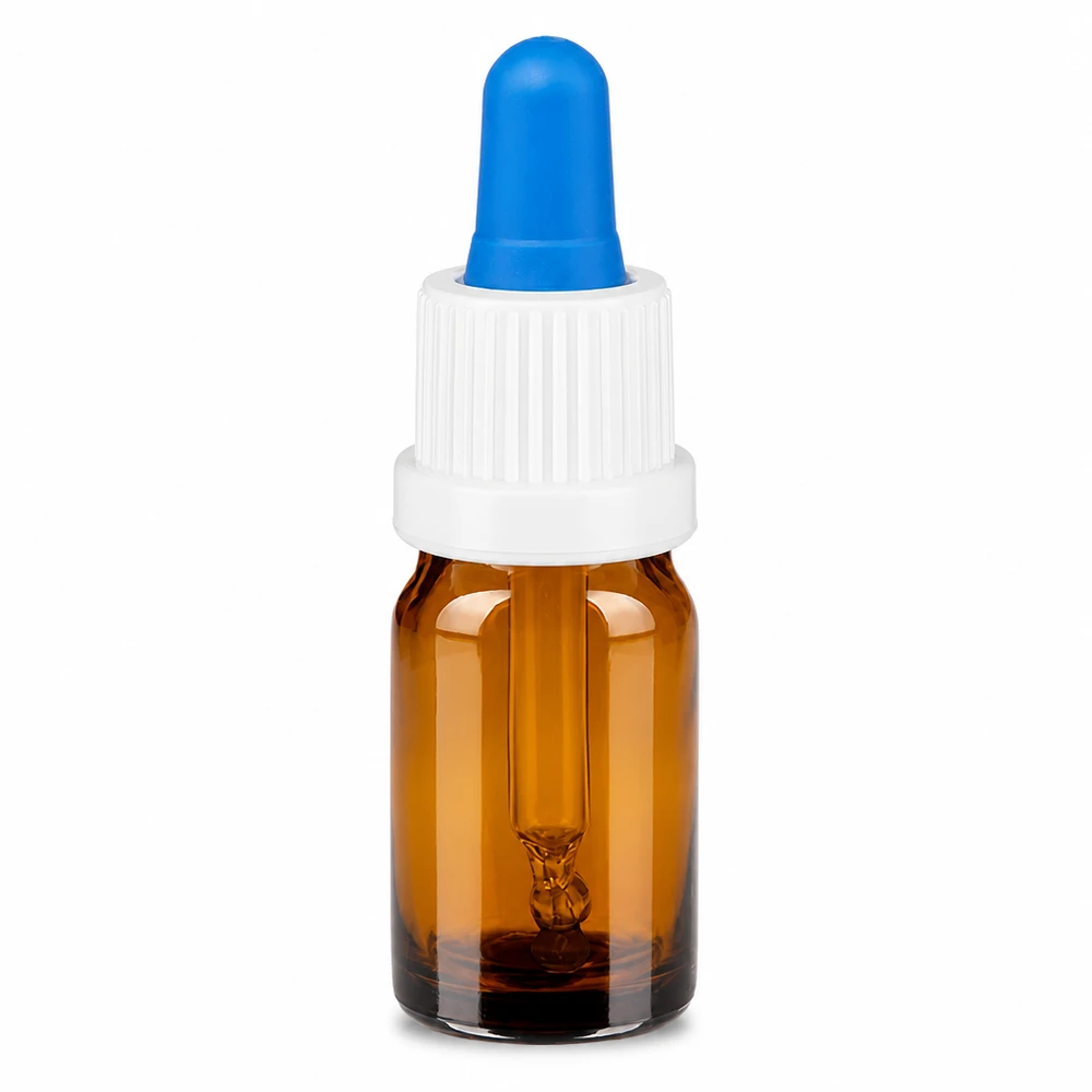 5ml pipetfles wit/blauw OV BrownLine UT18/5 5 ml pipetflesje van amberkleurig glas met witte dop en blauwe pipet voor nauwkeurig doseren