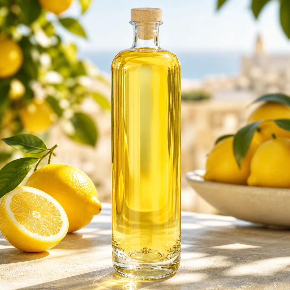 700 ml glazen fles Ella met houten handgreepkurk UNiTWIST® 700ml glazen fles Ella met gele inhoud en houten kurk in een mediterrane citroensetting op een houten tafel