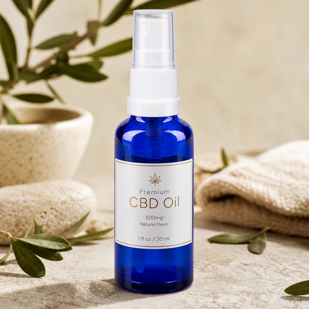 Blauwe glazen flessen 10ml met zwart pompverstuiver Blauwe glazen fles met verstuiver tegen een wellnessachtergrond met stenen en textiel