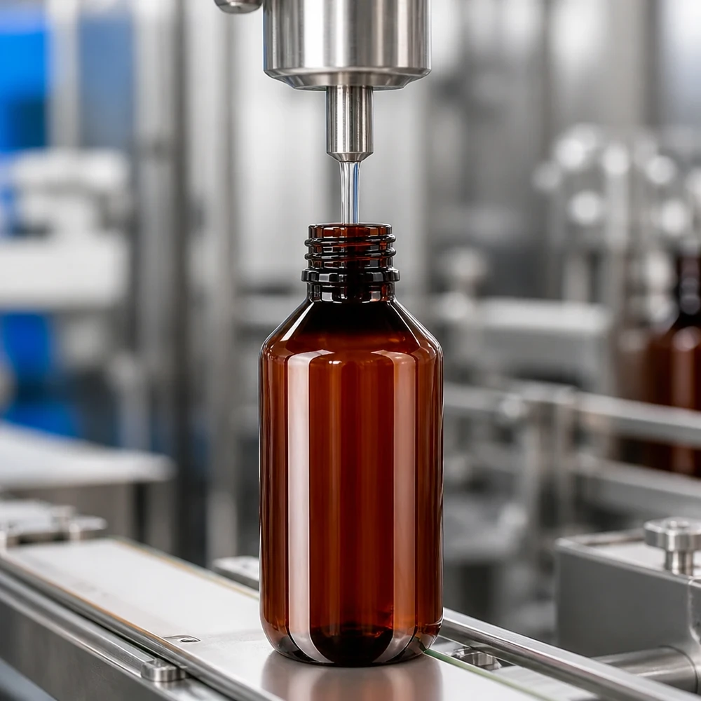PET fles 200ml PP28 zonder dop Een lege PET-fles van 200 ml, type PP28, met een bruinglas-look, doorloopt een geautomatiseerd afvulstation