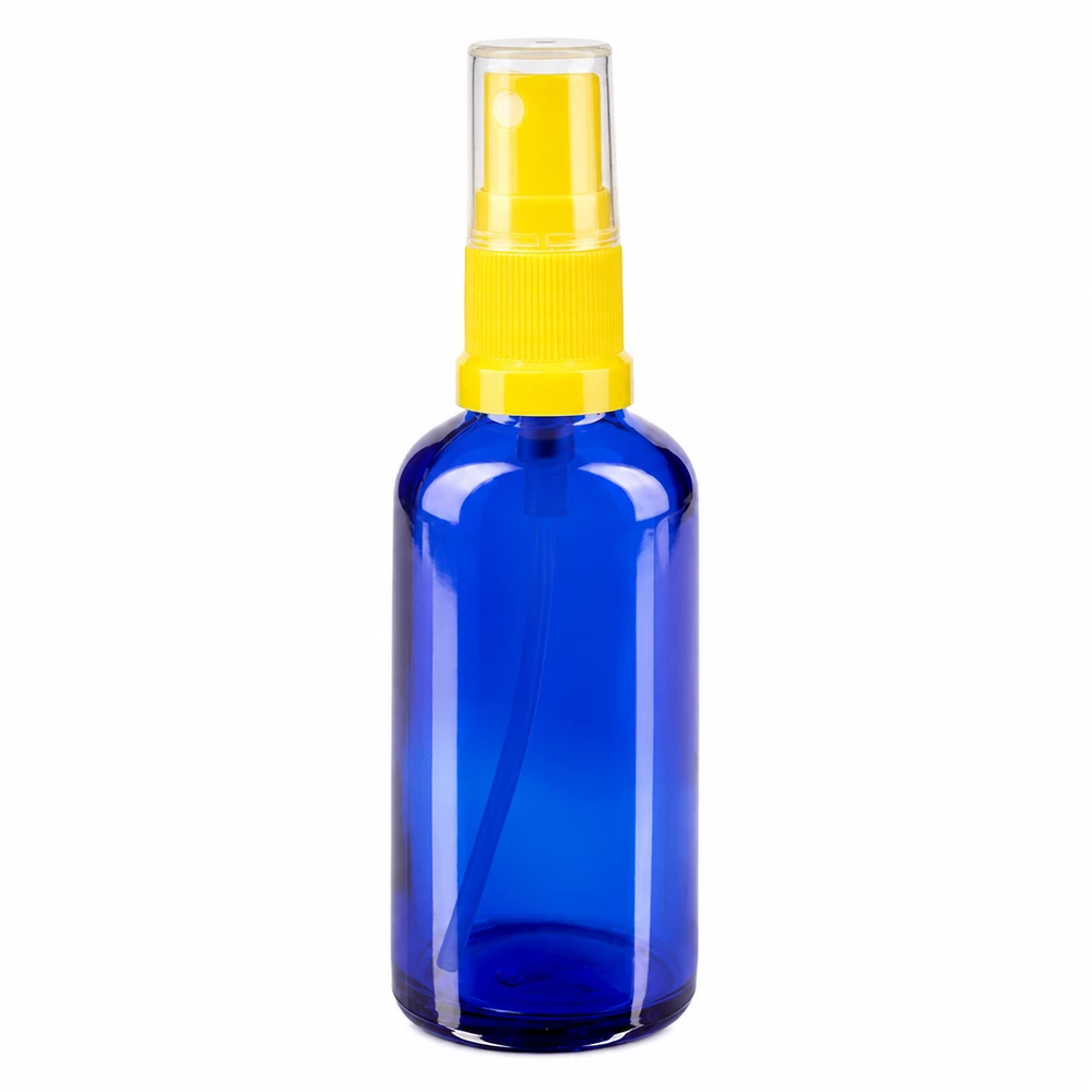 Blauwe glazen flessen 50ml met geel pompverstuiver Blauglas-spuitflesje van 50 ml met gele pompkop voor etherische oliën en serums
