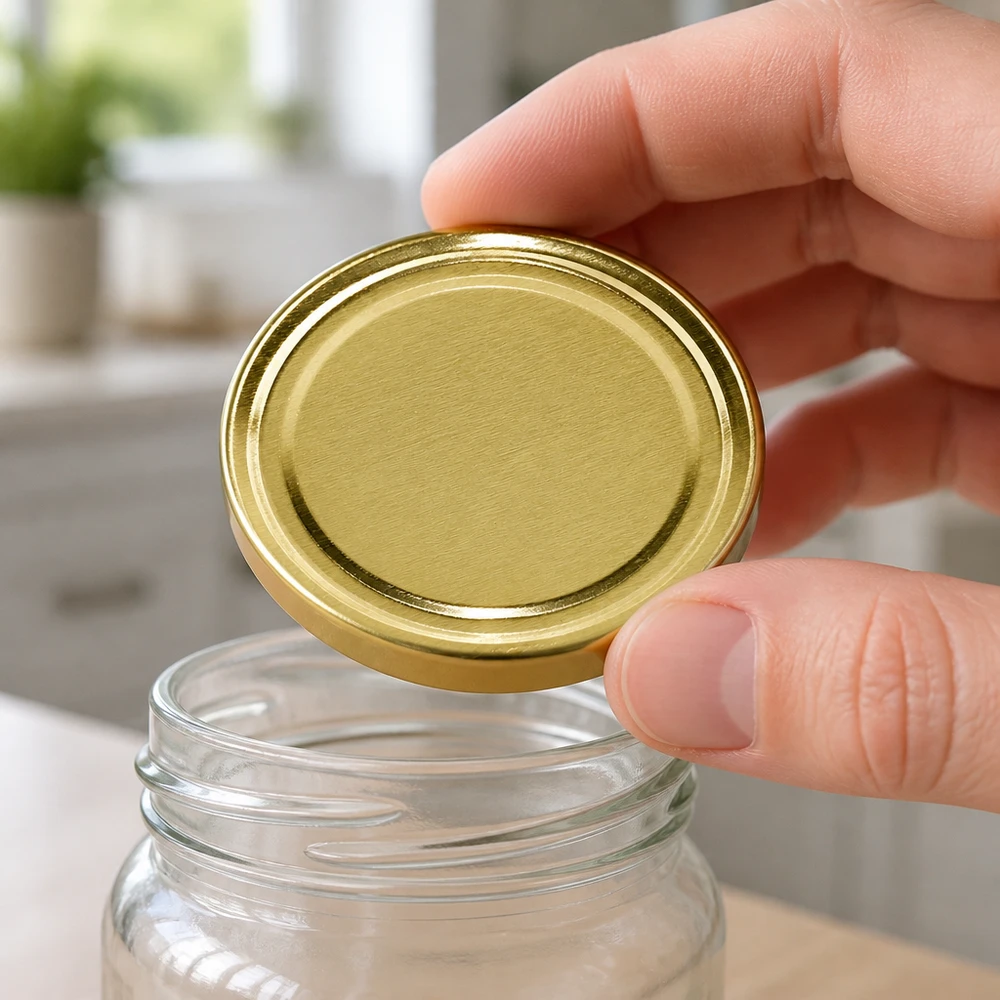 58 mm BasicSeal-deksel goud (TO58) UNiTWIST Een lege inmaakpot wordt afgesloten met een gouden 58 mm BasicSeal TO58 twist-off-deksel