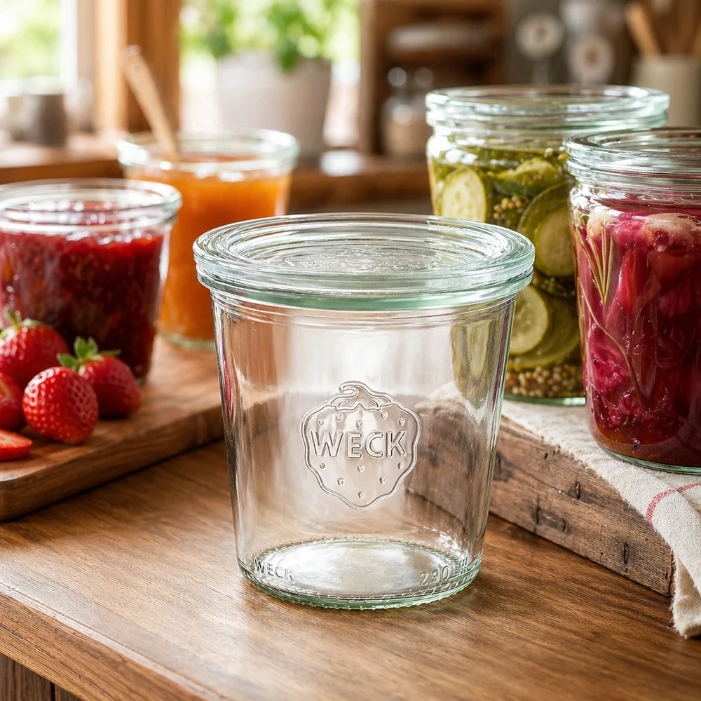 WECK inmaakpot 290ml in keuken met kleurige jam en conserven als toepassingsvoorbeeld voor opslag