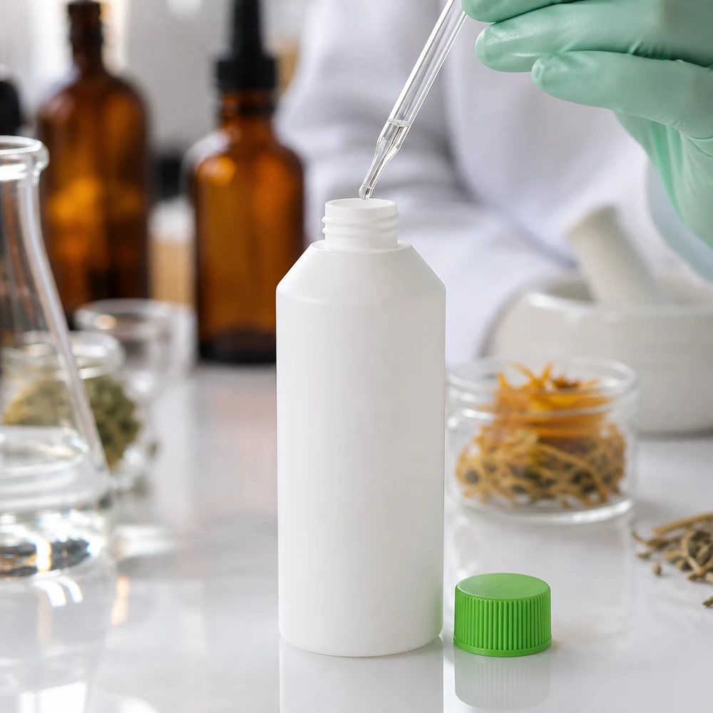 Witte HDPE-fles van 250 ml met groene schroefdop voor etherische oliën en tincturen