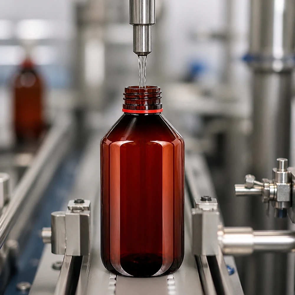 Farmaceutische productielijn met een bruine kunststof fles van 500 ml en een rode schroefdop