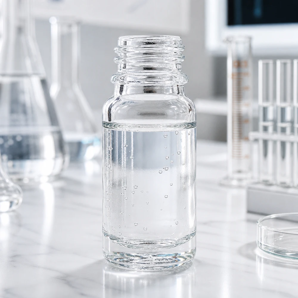 Apotheekflesje ClearLine DIN18 UNiTWIST van 10 ml, gevuld met helder water in een laboratoriumomgeving