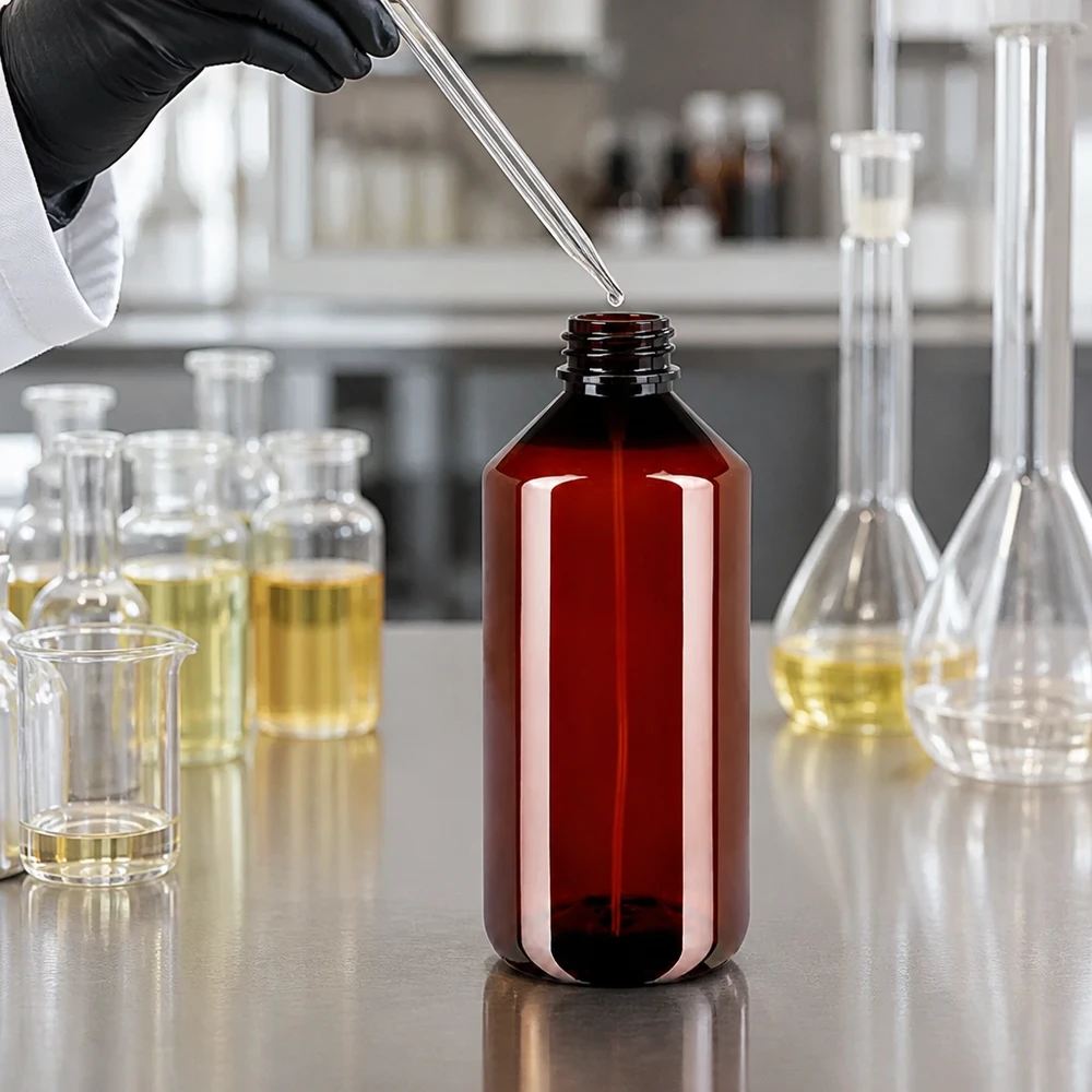 1000 ml PET medicijnfles met verstuiver wit GCMI 28/410 incl. dop transparant, standaard Cilindrische ronde PET-fles van 1000 ml in bruin met UV-bescherming voor lichtgevoelige vloeistoffen