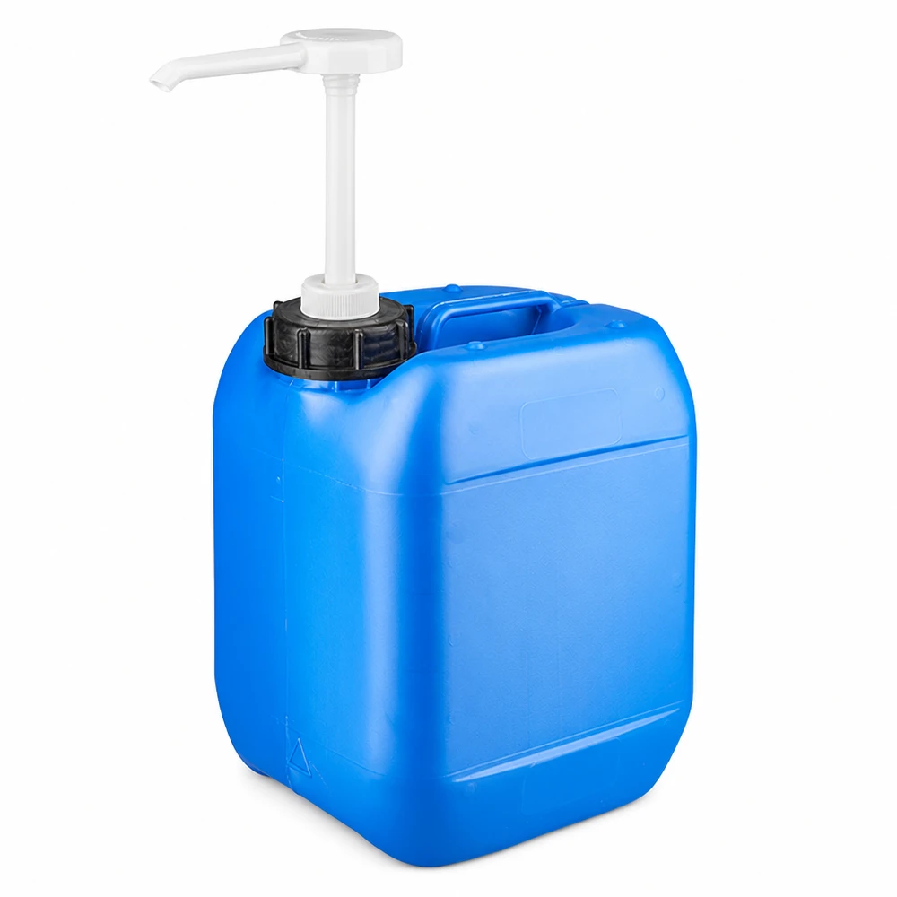 Compacte blauwe vloeistofcontainer van 5 liter met handige handpomp en handgreep