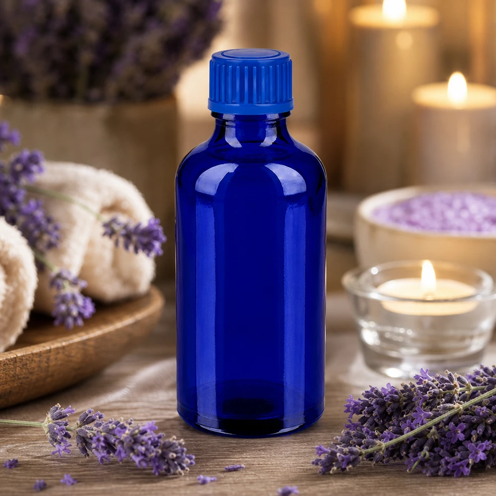 50ml premium glazen fles in kobaltblauw met goed sluitende dop voor aromatherapie