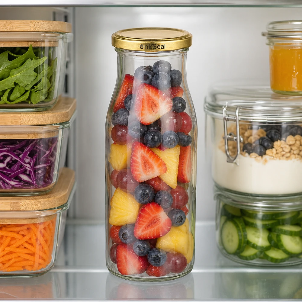 UNiTWIST 150ml glazen fles gevuld met fruitmix goud TO43 BioSeal deksel koelkast bewaren