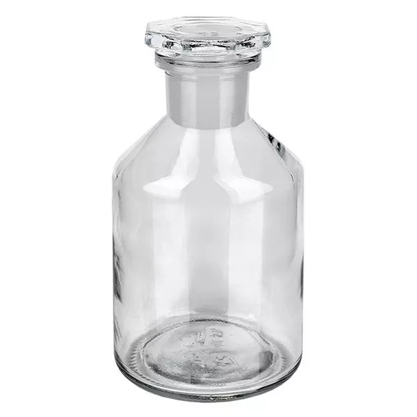 50 ml fles met schuine schouders nauwe hals helder glas incl. glazen stop Compacte fles met steile borst van helder glas, 50 ml, met stop, voor laboratoria en apotheken