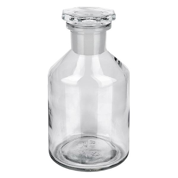 50 ml fles met schuine schouders nauwe hals helder glas incl. glazen stop Compacte fles met steile borst van helder glas, 50 ml, met stop, voor laboratoria en apotheken
