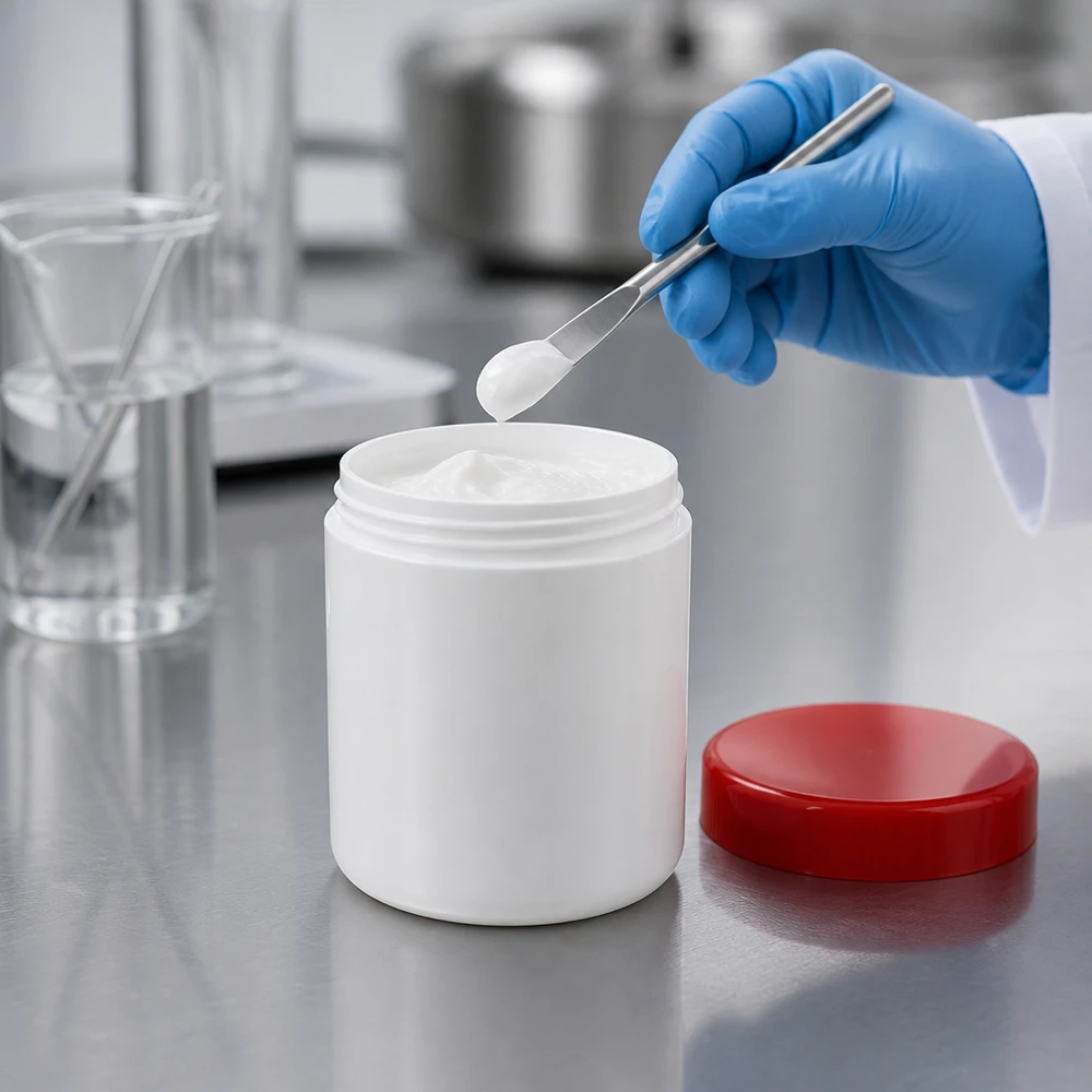 Zalfpot van 800 g, wit, voor laboratoriumgebruik, met spatel en glazen beker op de achtergrond
