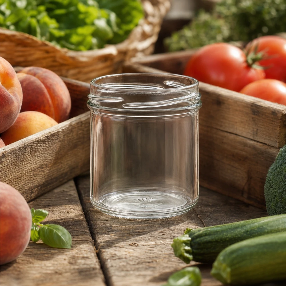 Lege UNiTWIST bekers 167ml TO66 op houten tafel met verse tomaten perziken en groenten om in te maken