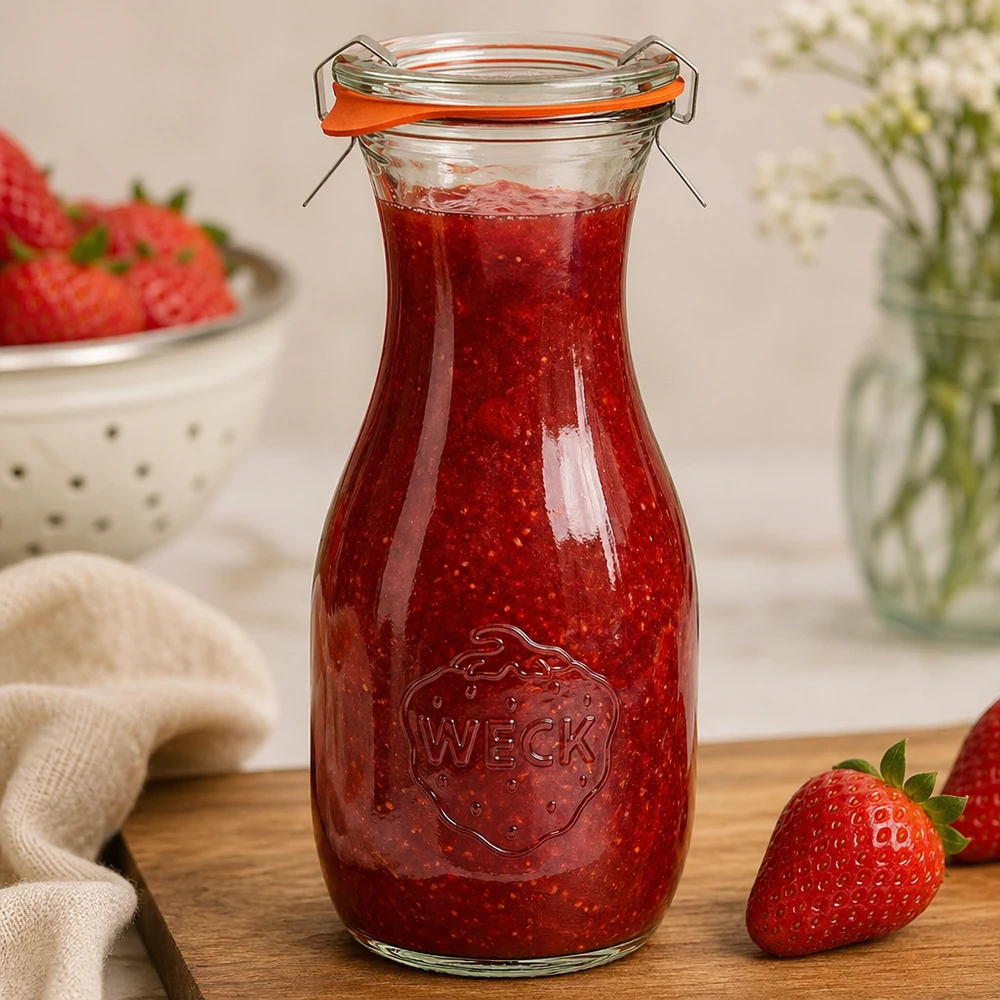 WECK 530 ml sapfles gevuld met aardbeienjam toont praktisch gebruik van de RR60 inmaakpot