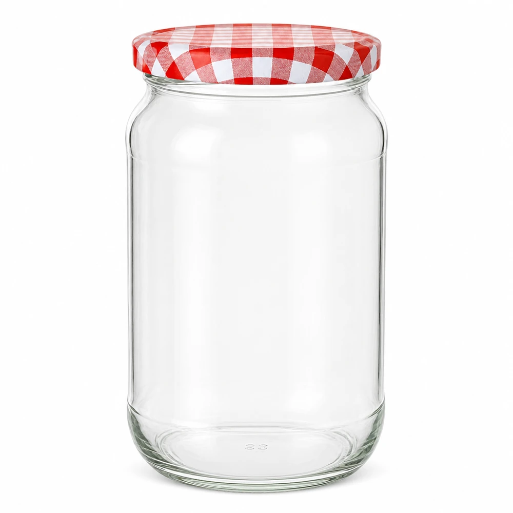1062ml ronde pot met rood en wit geruit BasicSeal deksel leeg op witte achtergrond Inmaakpot Voorraadpot