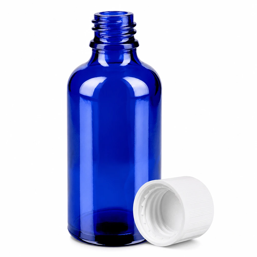 50ml fles 11mm SV w. STD KiSi BlueLine UT18/50 Compacte 50ml fles van kobaltglas met lekvrije schroefdop