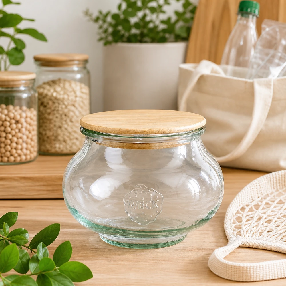 560ml juwelenglas WECK RR80 met hout deksel WECK sieradenpot 560ml RR80 lege voorraadpot met houten deksel in duurzame zero-waste keuken met jute zakken