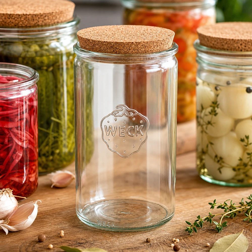 WECK weckpot 1590ml RR100 leeg met kurk tussen gevulde weckpotten keuken tafereel houten tafel