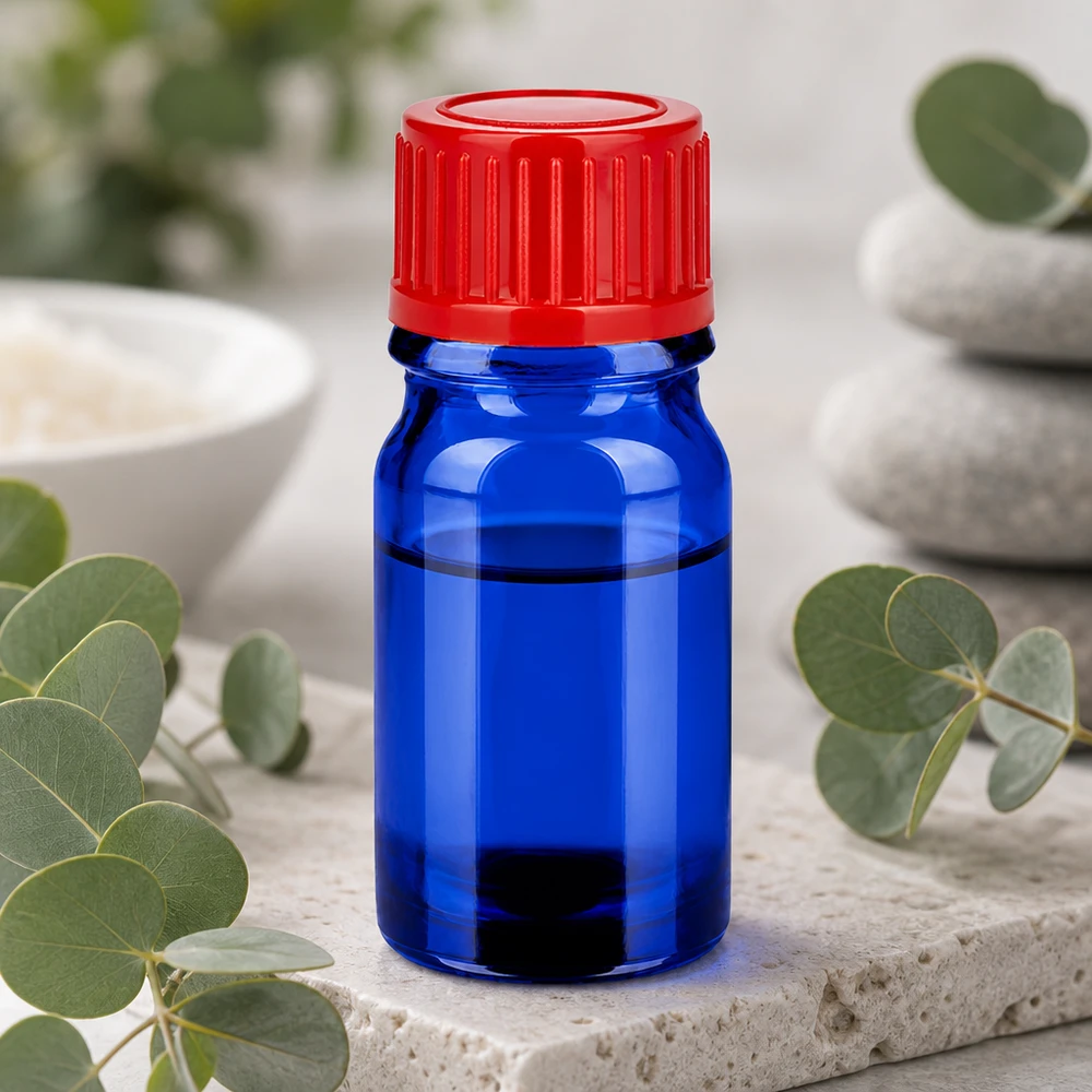 5 ml glazen flesje met contrastrijk rood en blauw ontwerp, ideaal voor productetikettering