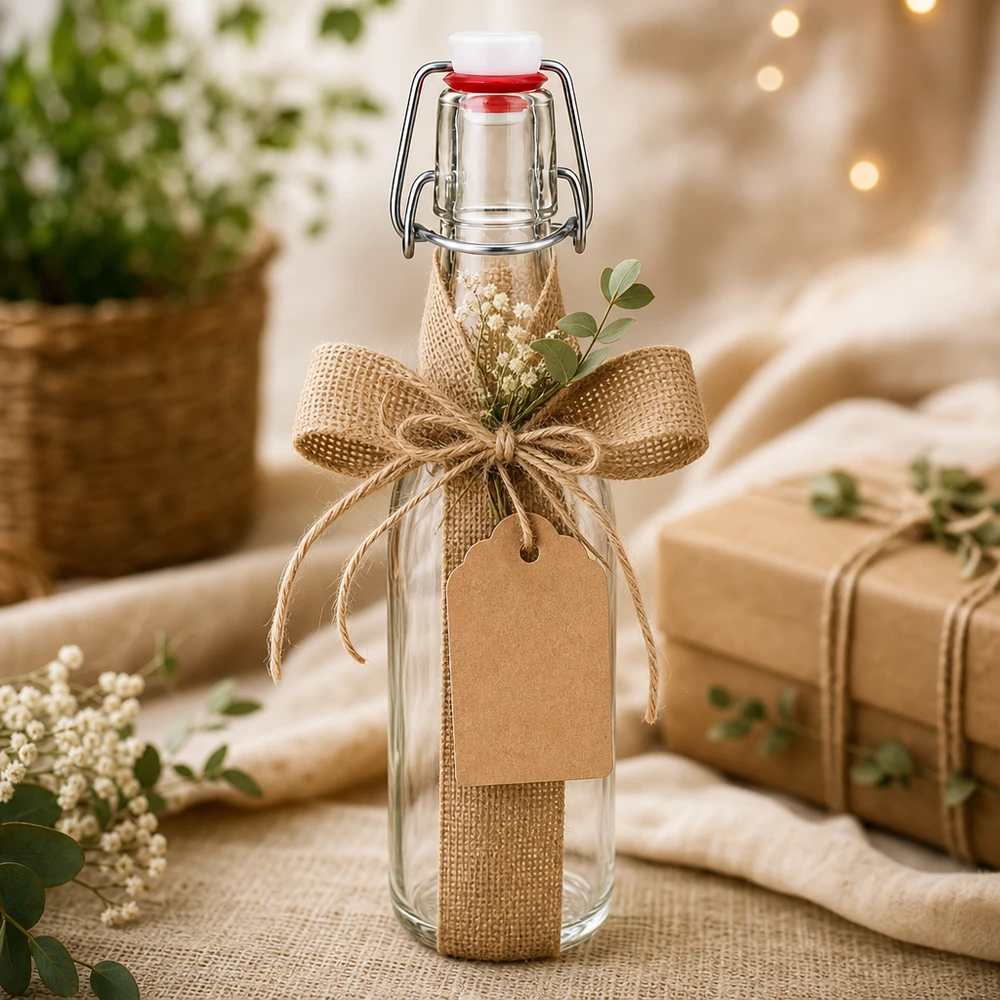 Glazen fles van 250 ml + zwenktop porseleinen UN... 250ml Glasflasche mit Bügelverschluss als Geschenk dekoriert mit Juteschleife, Anhänger und getrockneten Blumen