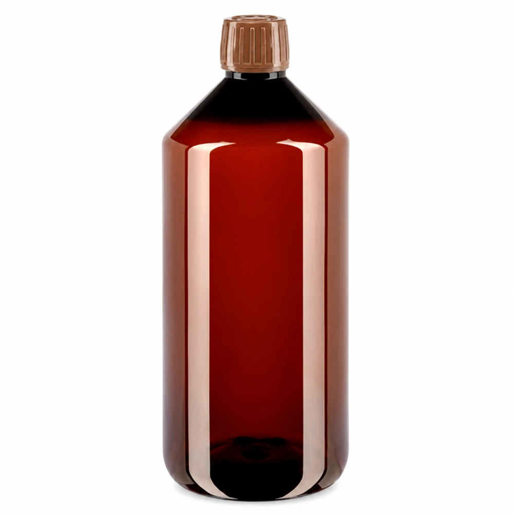 50 ml PET medicijnfles met verstuiver zwart GCMI 28/410 incl. dop transparant, standaard Cilindrische PET-fles van 1000 ml in bruin met fraudebestendige schroefdop