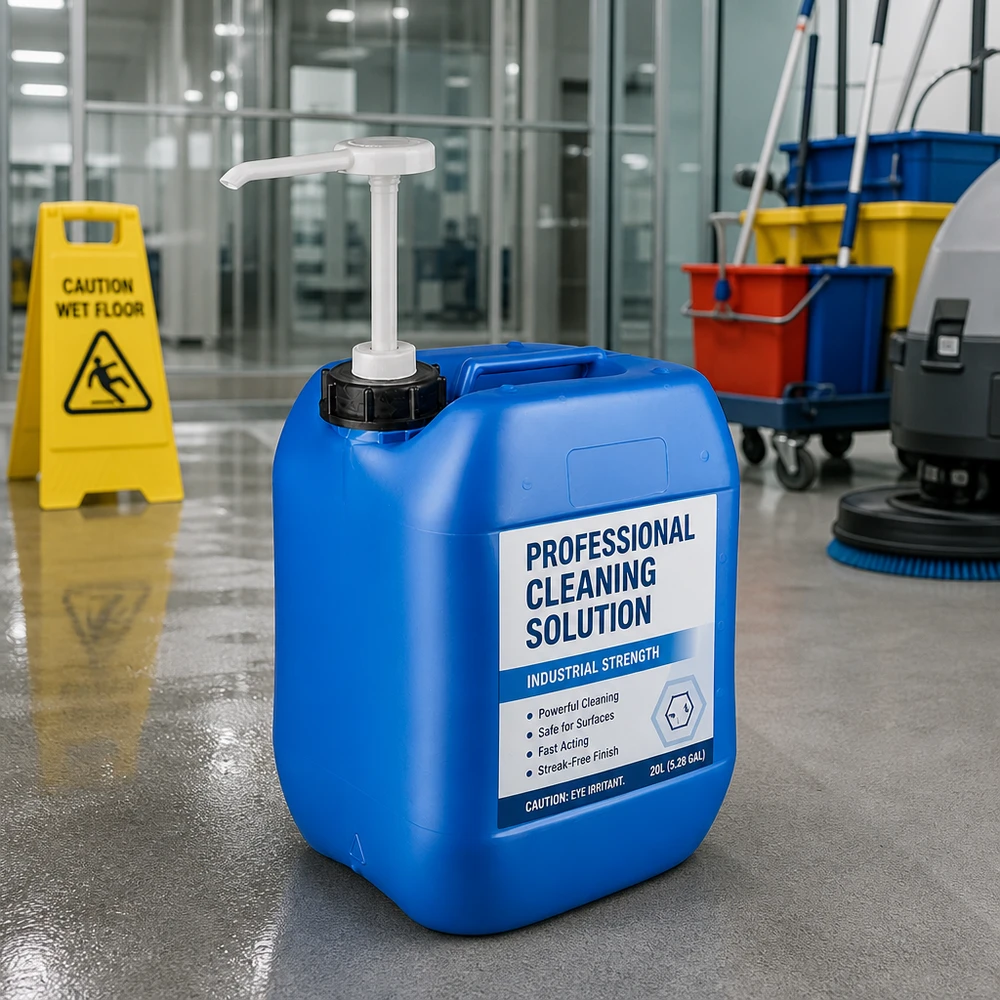 Blauwe jerrycan van 10 liter met ingebouwde doseerpomp voor industriële reinigingsmiddelen