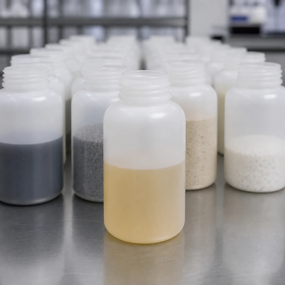 Wijde hals laboratoriumfles 500ml zonder sluiting Rij gevulde laboratoriumflessen van 500 ml met brede hals, gevuld met poeder, korrels en vloeistof