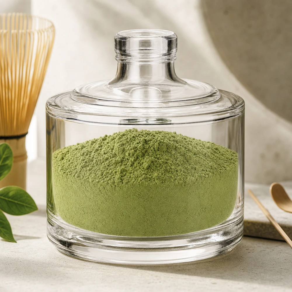 200ml Barbara glazen fles gevuld met groen matcha poeder als theecadeau in een moderne keuken met bamboe garde