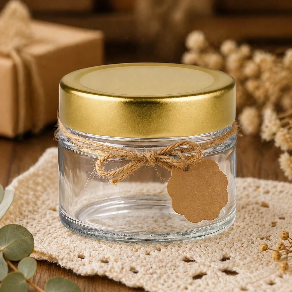 80ml ronde pot met BasicSeal deksel goud diep decoratief op gehaakte deken met jute strik en cadeaulabel