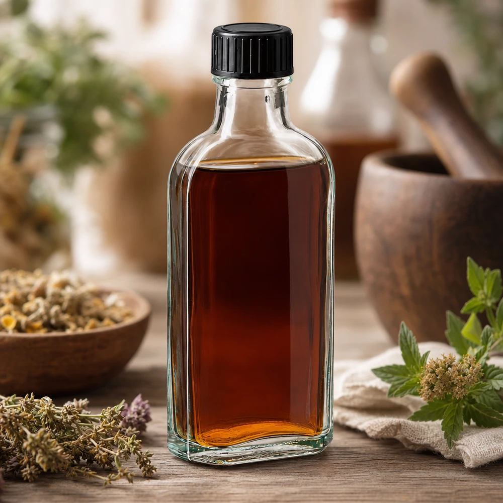 Kleine Meplat-fles van 100 ml van helder glas met een goed sluitende schroefdop, voor natuurgeneeskunde en apotheken