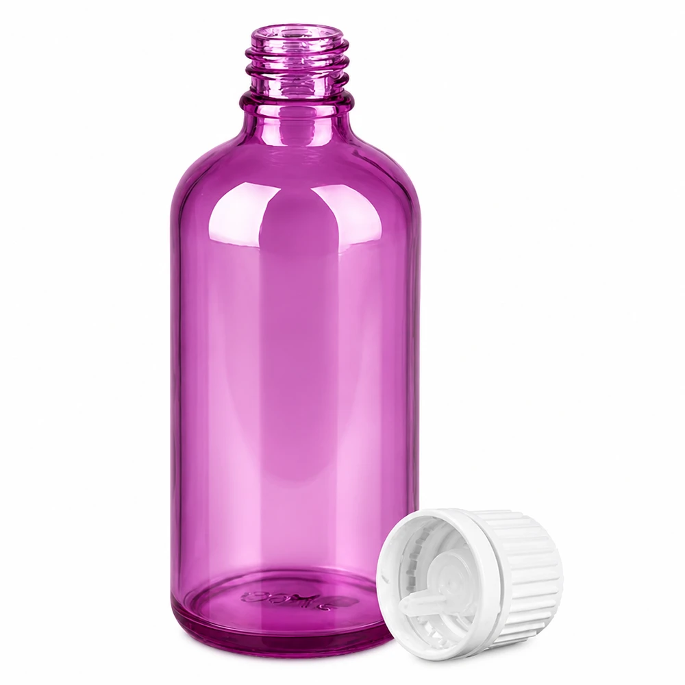 Kleine plastic fles van 100 ml in paars met druppeldop voor geportioneerde toepassing