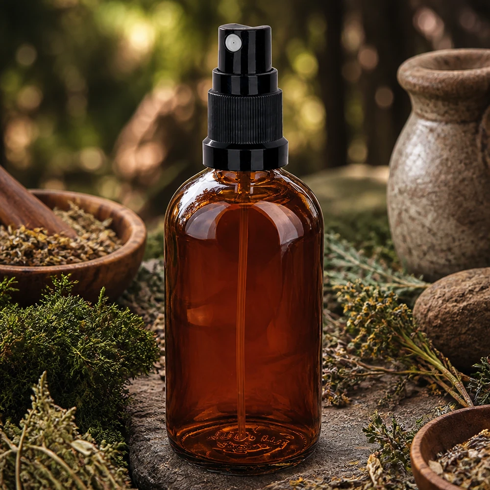 Amberkleurige spuitfles van 100 ml (UT18/100) met zwarte verstuiver tussen natuurlijke kruiden