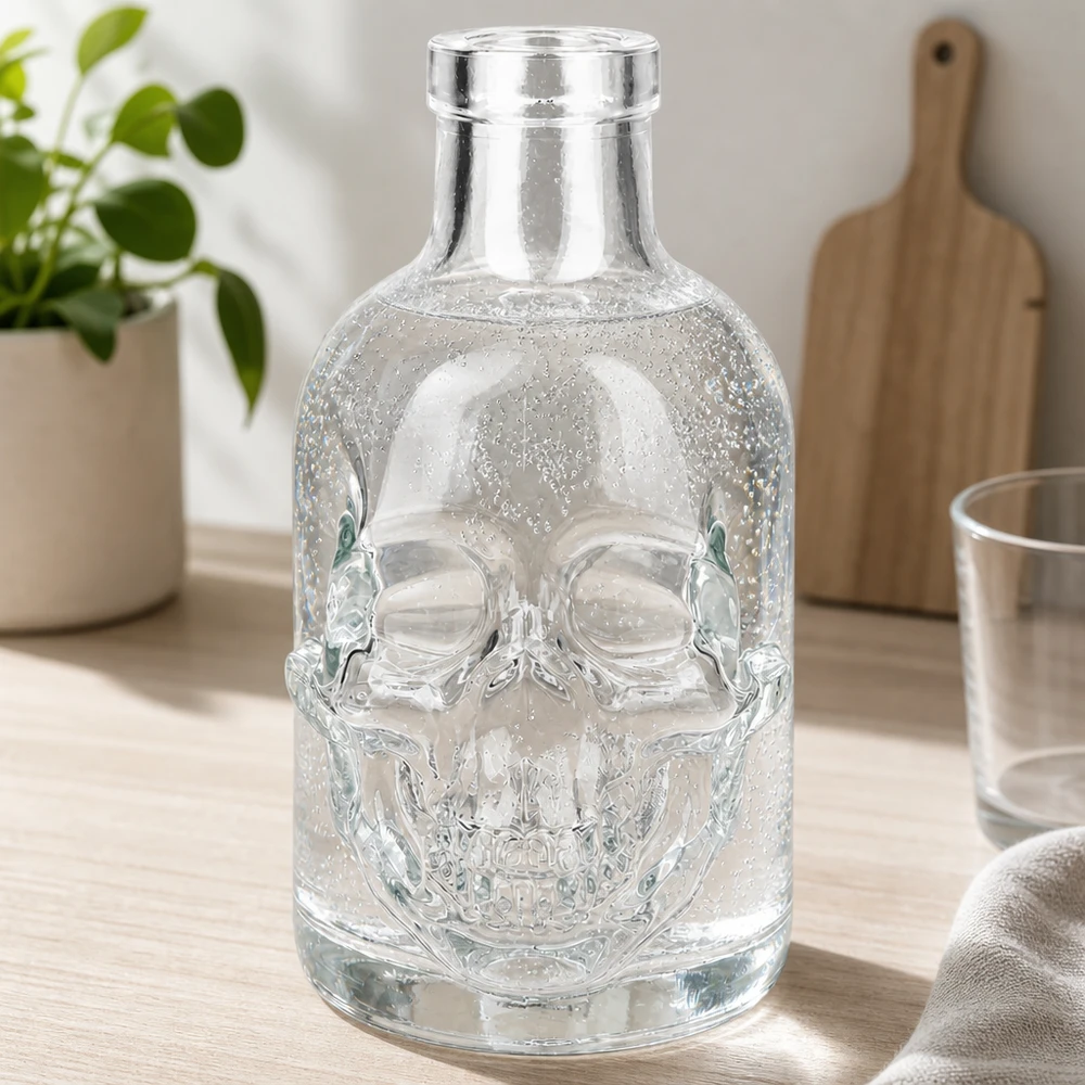 Glazen fles Jack 200ml schedel reliëf transparant keukentafel sfeer natuurlijk licht houten plank plant