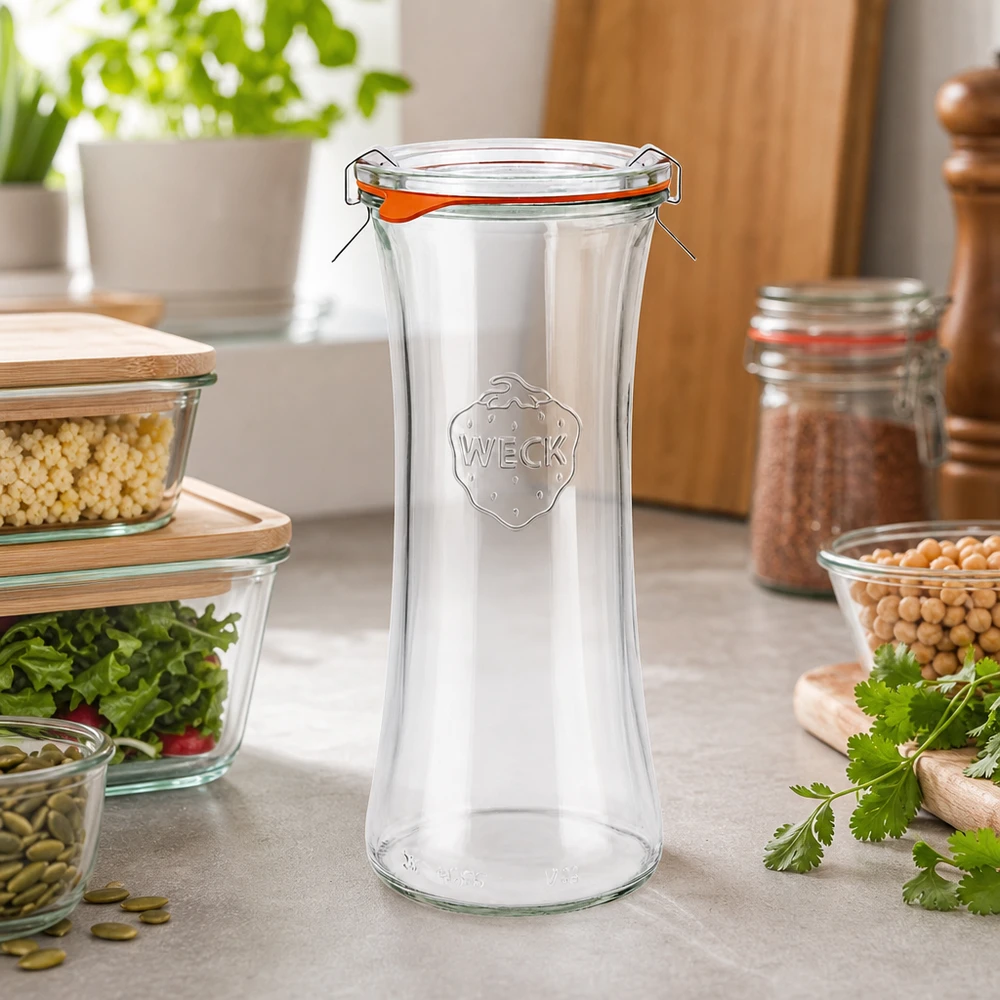 700ml delicatessenglas compleet WECK RR40 WECK 700ml delicatessenpot RR80 leeg met deksel in een moderne keuken tussen voorraadpotten en verse kruiden