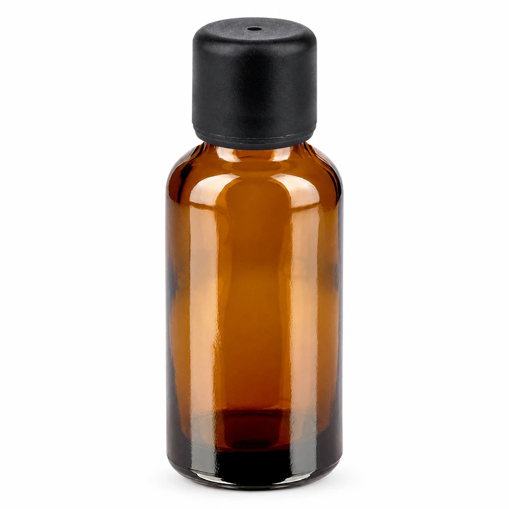 Compact 30ml flesje van hoogwaardig amberkleurig glas met een stevige dop