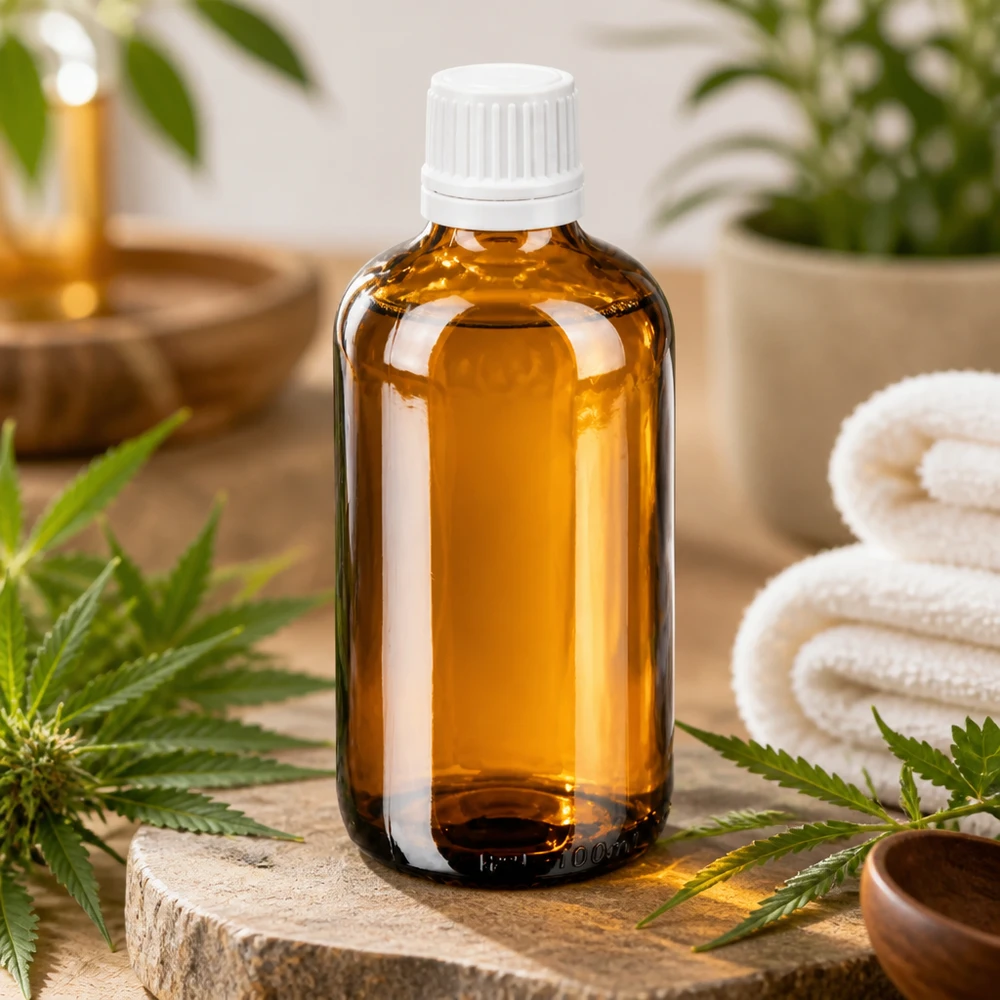 Hoogwaardige druppelfles van 100 ml, gemaakt van bruin glas met UV-bescherming en voorzien van een witte originele dop