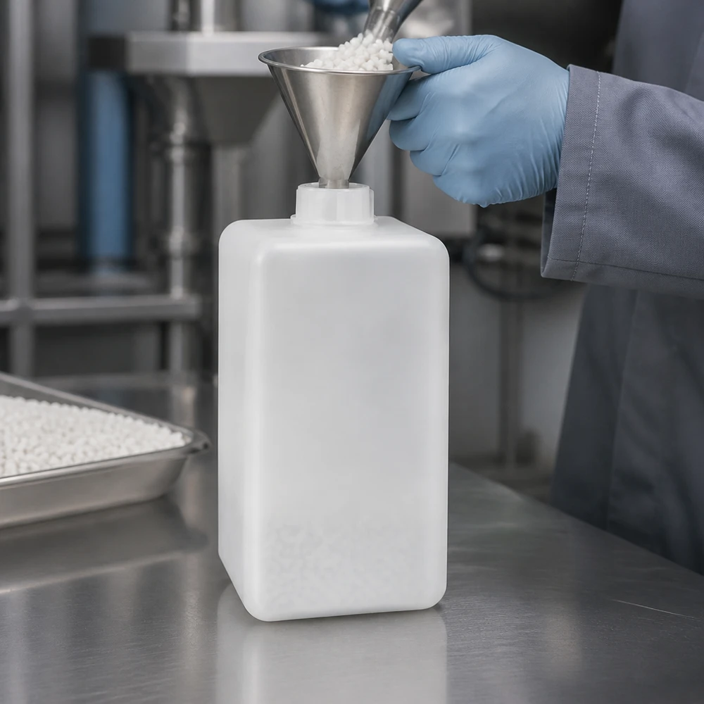 Veilig afvullen van vaste korrels in een robuuste PE-HD-fles voor chemicaliën van 1500 ml met smalle hals