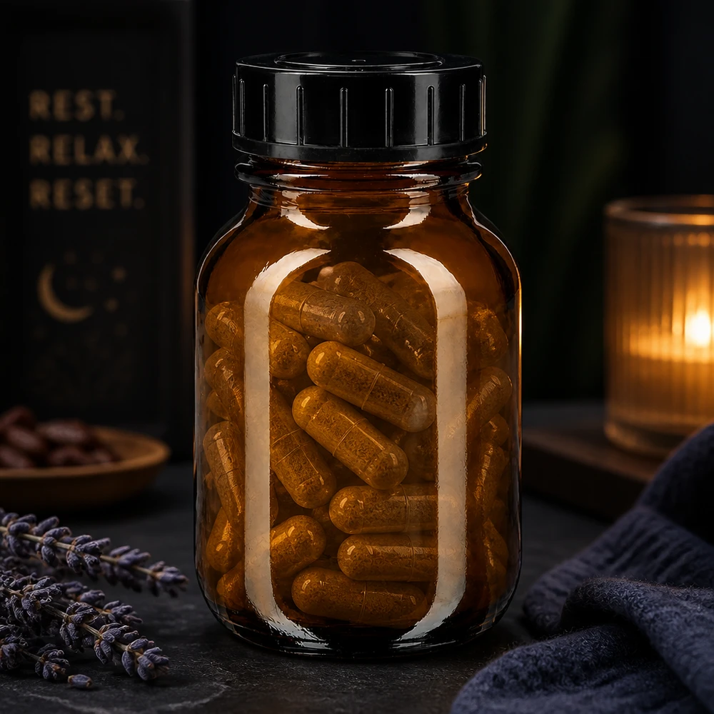Lichtbeschermd 50 ml breedmondpotje van amberkleurig glas met kindveilige schroefdop