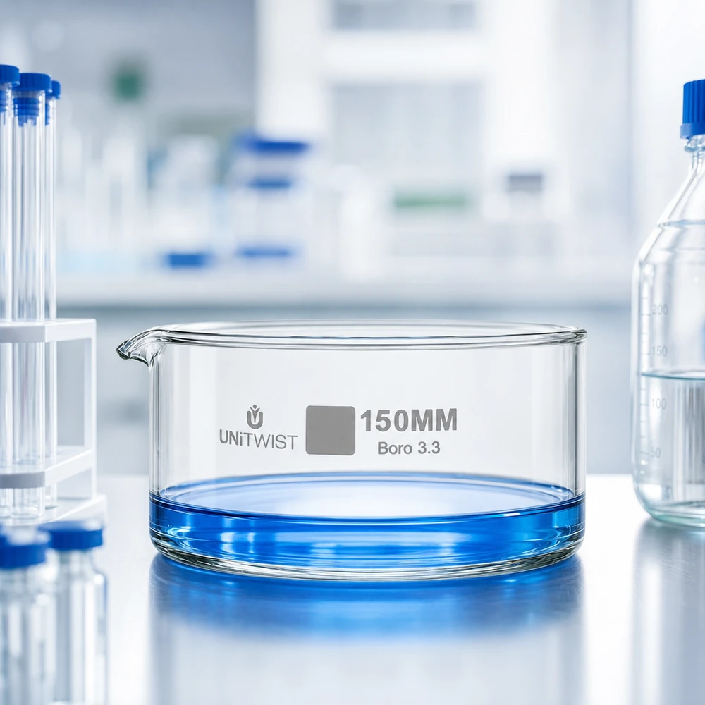 Kristallisatieschaal van borosilicaatglas 3.3 UNiTWIST 150 mm met blauwe chemische stof in een laboratoriumomgeving