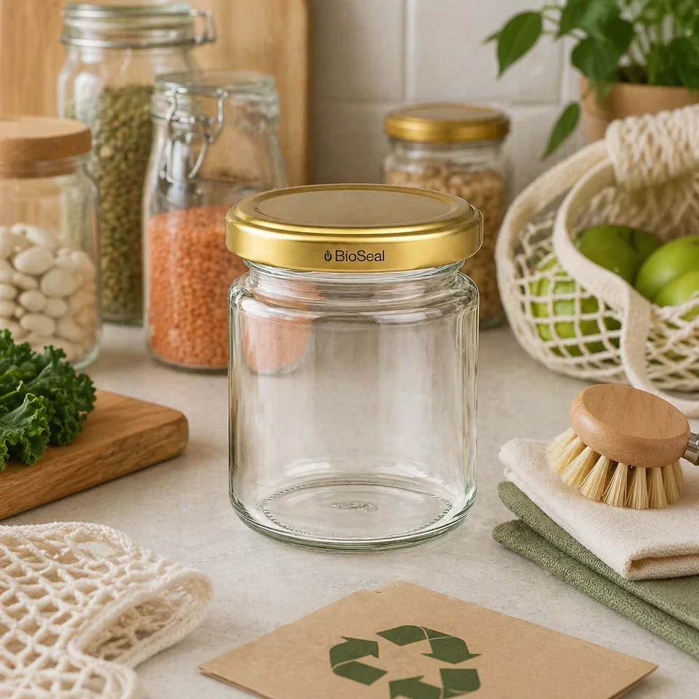 53ml rond glas met BioSeal deksel goud UNiTWIST UNiTWIST Runda53 inmaakpot met gouden TO43 BioSeal deksel in duurzame keuken met recycle symbool
