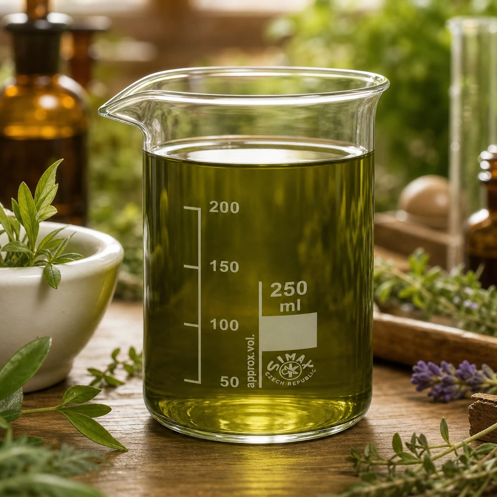 Hoogvormig bekerglas van 250 ml met olijfgroene vloeistof voor de extractie van kruiden en natuurlijke stoffen