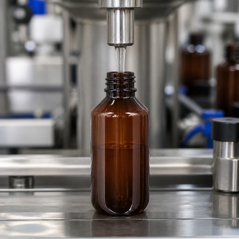 Lichtbeschermende PET-fles van 200 ml, amberkleurig, in een professionele afvulmachine voor vloeistoffen