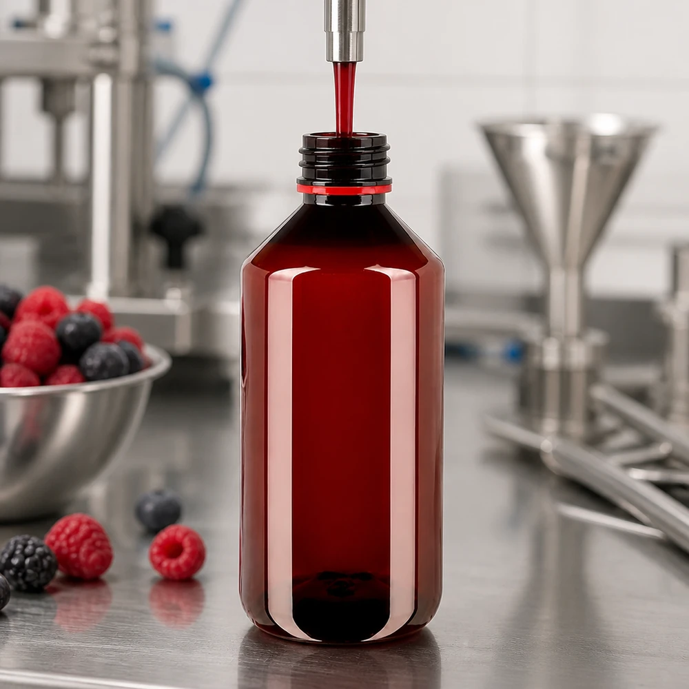 PET fles 750ml met witte/rode verzegelstop Verzegelstop Stevige bruine PET-fles van 750 ml met wit-rode buitenverpakking naast verse bessen op een roestvrijstalen tafel