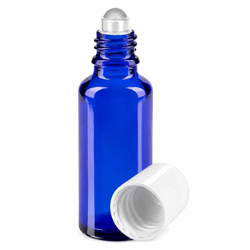 Apothekersflesje blauw 30ml roll-on cap wit Hoogwaardig roll-on-flesje van 30 ml, gemaakt van blauw glas met een witte schroefdop