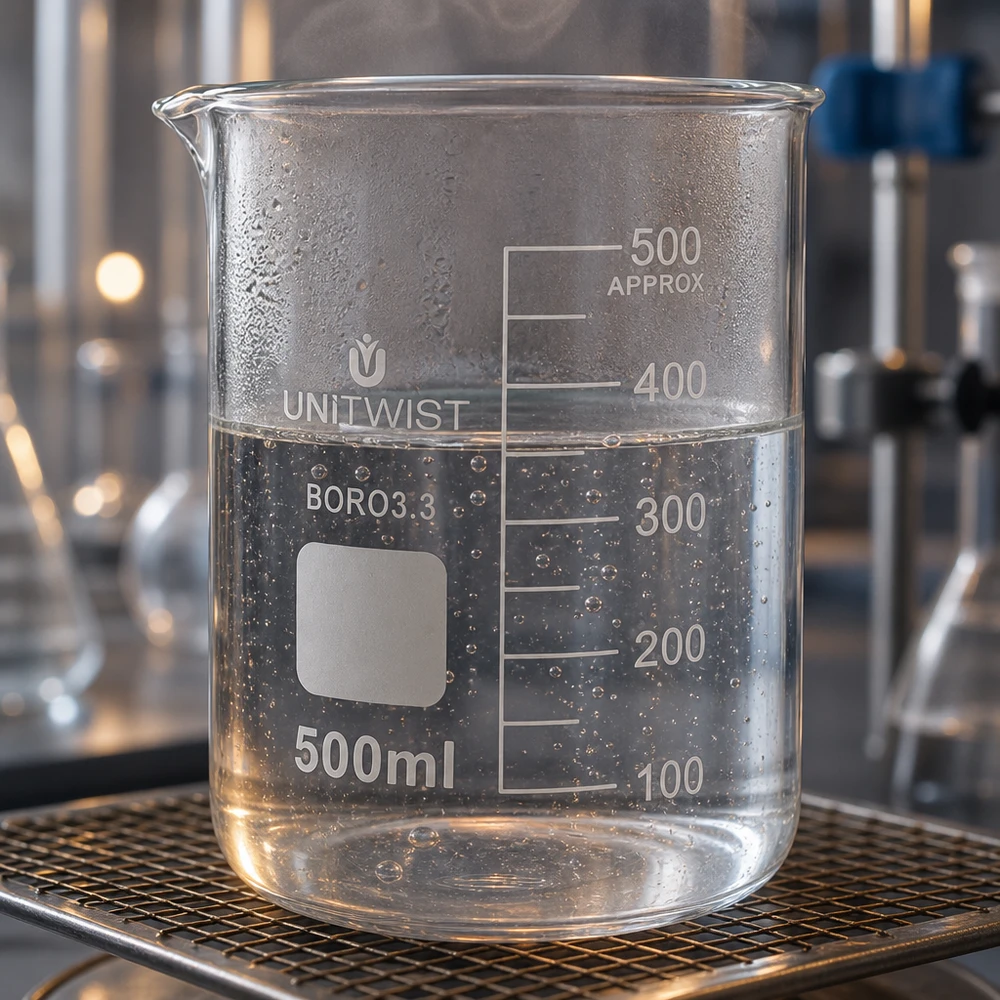 Beker 500ml borosilicaat, lage vorm UNiTWIST Becherglas 500 ml UNiTWIST, laag model, op metalen draadrooster, geschikt voor laboratoriumbranders