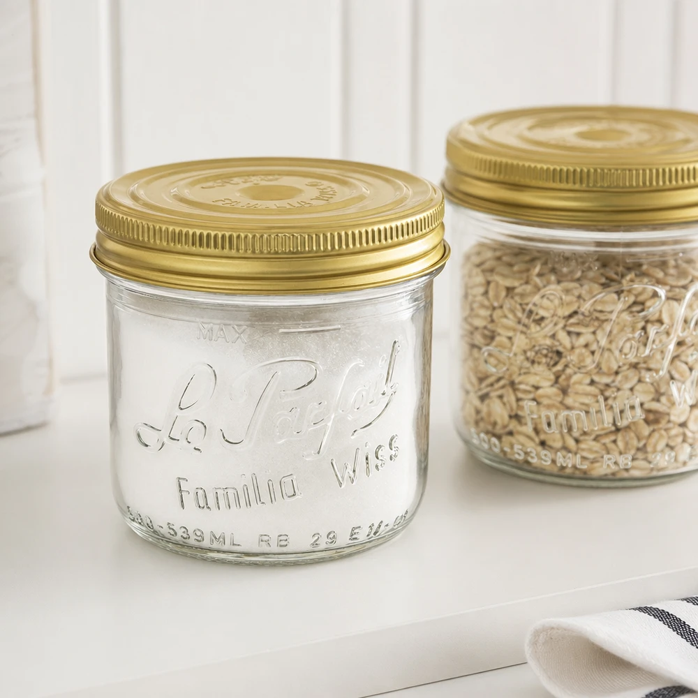 539ml Familia Wiss bekers met gouden deksel en inmaakpot met cornflakes op een wit vlak
