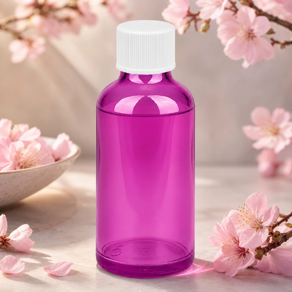 Moderne 50 ml fles van getint violet glas met witte dop voor exclusieve huidverzorging