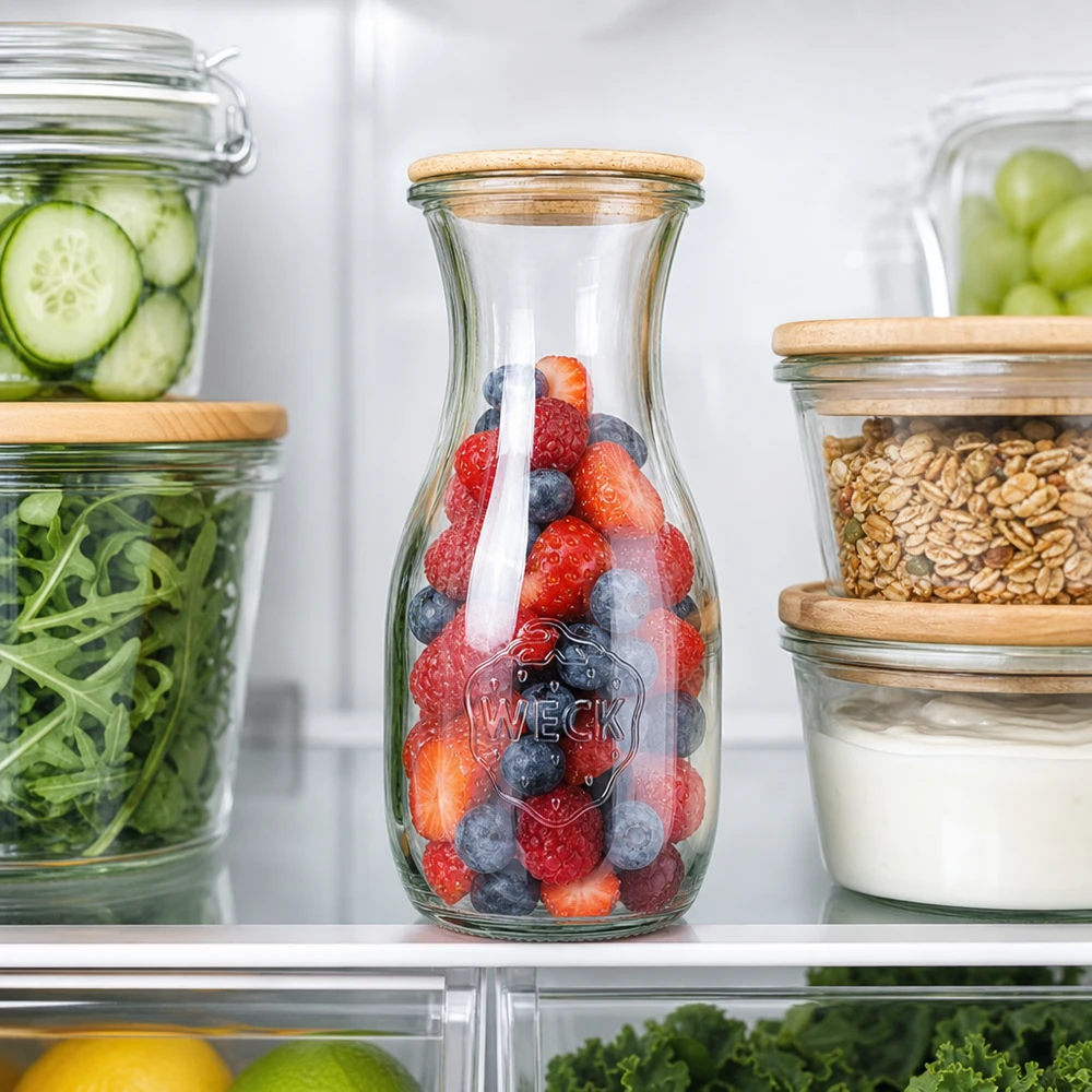 WECK sapfles 530ml RR60 met bessen in de koelkast naast voorraadpotten met komkommer, salade en noten