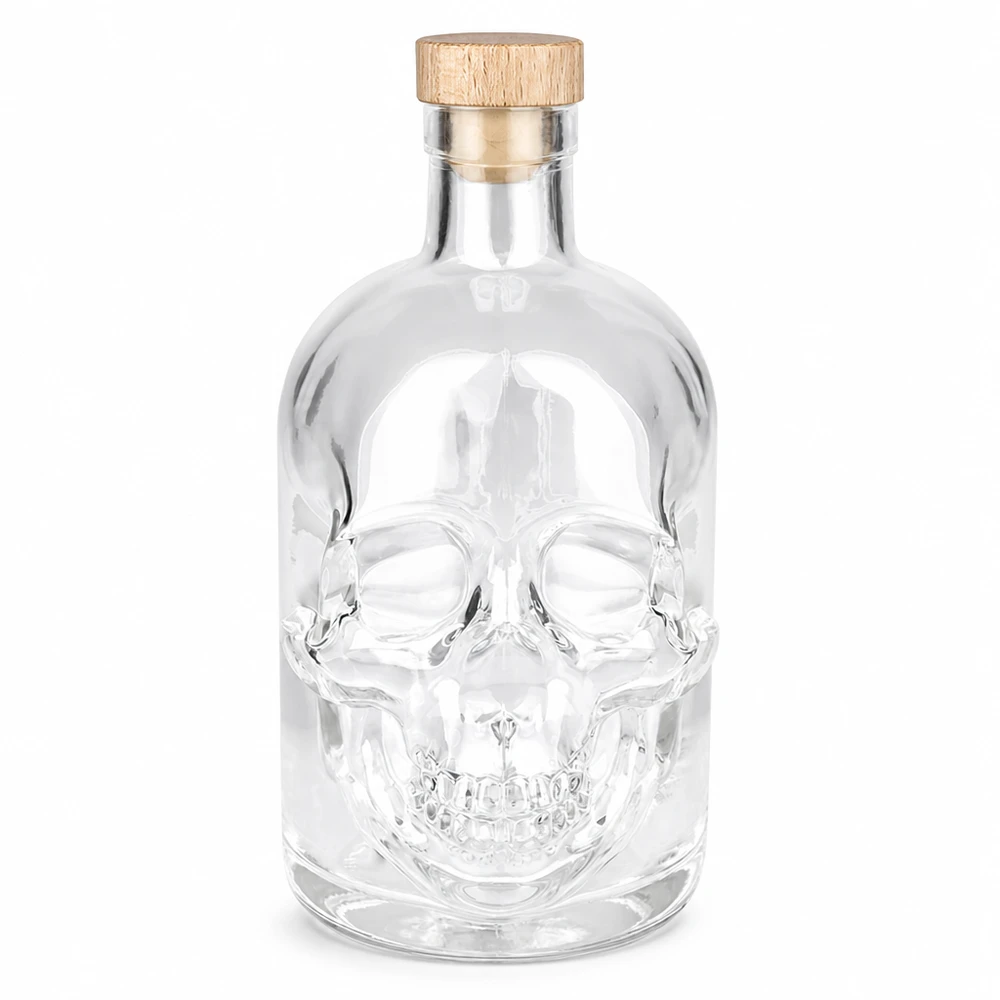 500 ml glazen fles Jack met houten kurk UNiTWIST® 500 ml glazen Jack-fles met doodshoofdmotief en houten kurk, lege gedistilleerde drankfles van helder glas